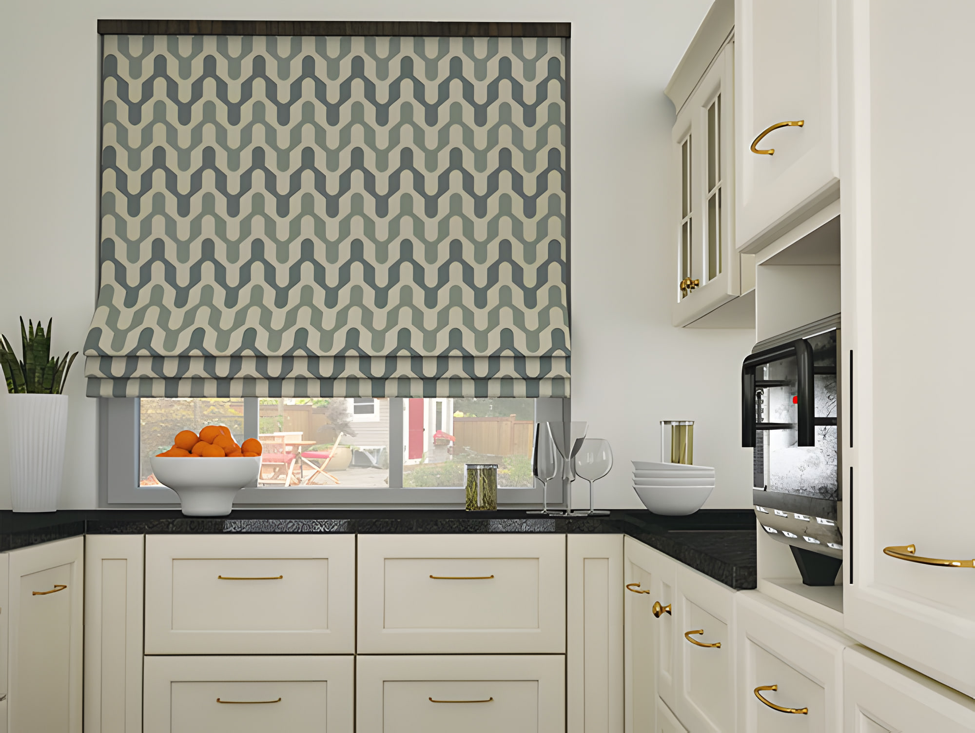 Patterned Roman blind in a white kitchen