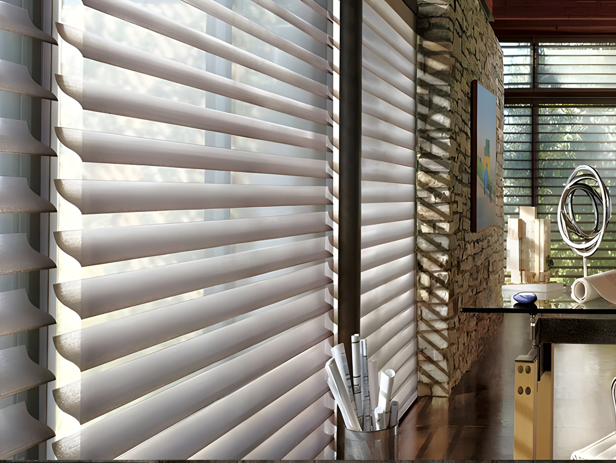 Wooden venetian blinds in a living room